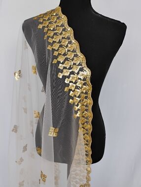 White net sequence dupatta/ veil/ scarf/ with cut work border